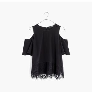 Worn Once Madewell Lace-Edged Silk Cold Shoulder Top in Black